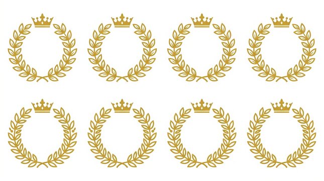 Eight elegant gold laurel wreaths with royal crowns arranged in a grid pattern on a clean white background for luxury branding and high quality graphic design