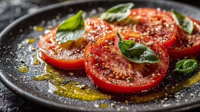 A macro flat lay of olive oil pooling around sliced tomatoes with cracked pepper and basil leaves on a matte charcoal ceramic plate under cinematic lighting