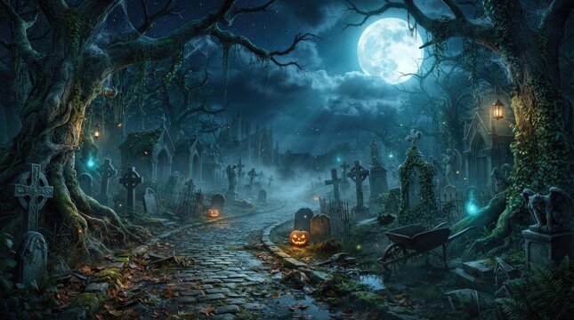Spooky halloween graveyard scene with jack o lanterns old tombstones and a full moon