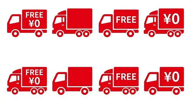 Red delivery truck icons featuring free shipping symbols and zero yen text displayed on a clean white background for modern commercial logistics and retail sales websites