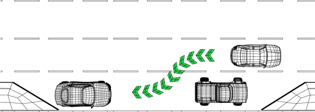 Automatic parallel parking system in urban street setting with cars and guiding arrows