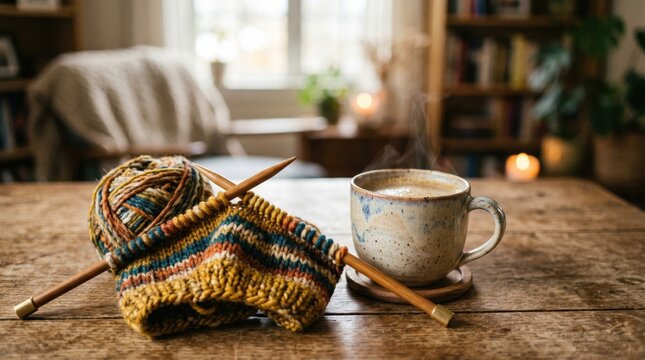 Cozy home hobby scene with striped wool knitting needles next to steaming ceramic mug on rustic wooden table in warm sunlit living room with bokeh bookshelves and glowing candles background.