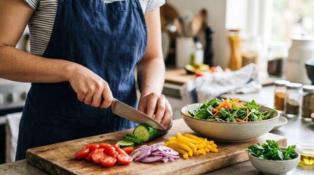 Close up of woman in blue apron slicing fresh green cucumber on rustic wooden board with colorful tomatoes peppers and onions in bright sunlit kitchen preparing healthy organic vegan meal.