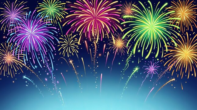 Bright colorful fireworks display exploding in the night sky creating a vibrant celebration of light with glowing sparks and festive patterns for a holiday party