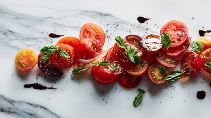 A modern flat lay of tomato salad styled asymmetrically on a marble surface with refined editorial composition and subtle reflections
