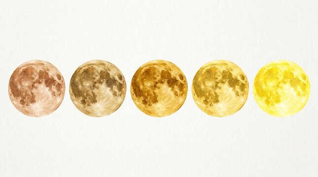 Five distinct moons displayed in a horizontal line featuring beautiful warm color gradients ranging from soft earthy brown to bright radiant yellow on white paper