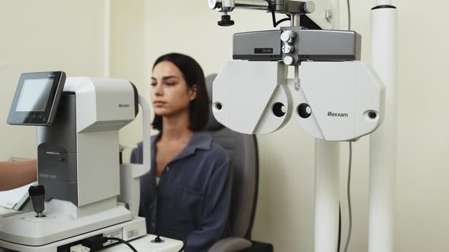 Young woman undergoing a computerized vision examination with an autorefractor in a modern clinic. Concept eye diagnostics, ophthalmology, optometry, medical examination, healthcare.