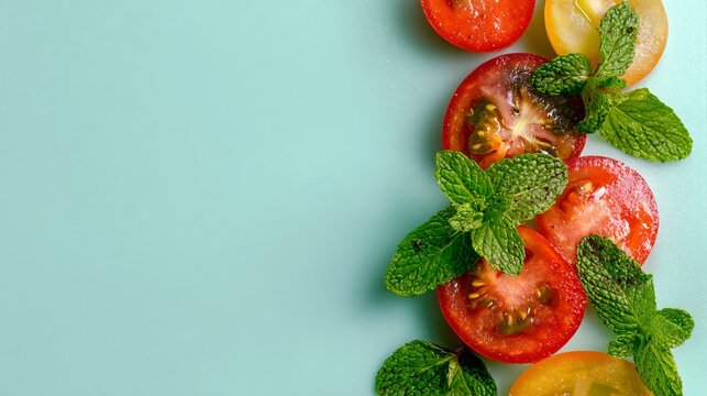 A pastel mint background with marinated tomato salad arranged vertically along one side leaving large empty space for branding or menu text