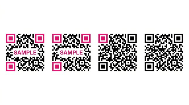 Four distinct square quick response codes featuring a mix of black and bright pink graphic elements arranged in a clean horizontal row on white background