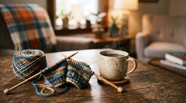 Cozy knitting needles with blue wool yarn ball and a steaming ceramic mug of coffee on a rustic wooden coffee table in warm living room interior, relaxing hygge lifestyle with soft warm glow.