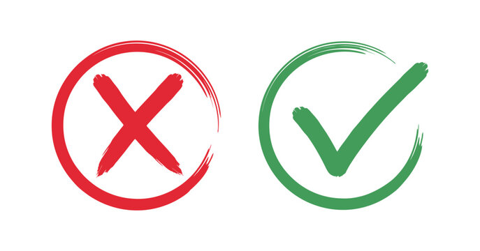 Red cross and green check mark symbols hand painted brushstroke style on transparent reject