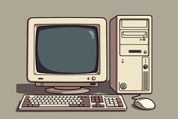 Fototapeta premium Retro desktop computer system featuring a beige CRT monitor, keyboard, computer mouse, and a big tower CPU casing.