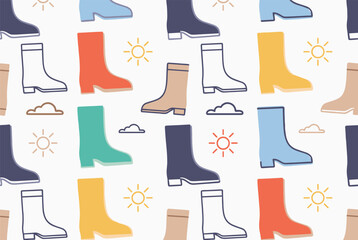 Fototapeta premium Seamless pattern of colorful rain boots, bright suns, and soft clouds, representing autumn and spring weather.