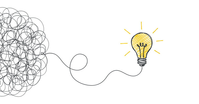 Tangled lines transitioning to a sketched lightbulb with radiating lines illustration tangle knot