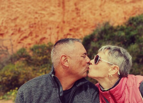 Selfies of a couple in love, travelers, enthusiastic, happy, lovers of travel and discovering new places. Happy to travel, married and also friends. Smiling, kissing and visiting new places in Spain.