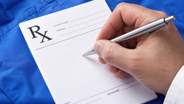 Doctor writing patient prescription on medical form