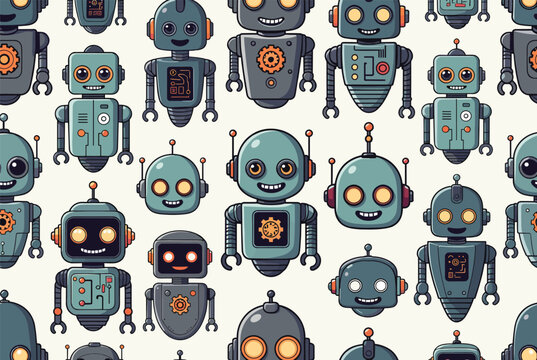 Seamless pattern of cute cartoon retro robots in green and grey colors with gears and buttons on a white background.