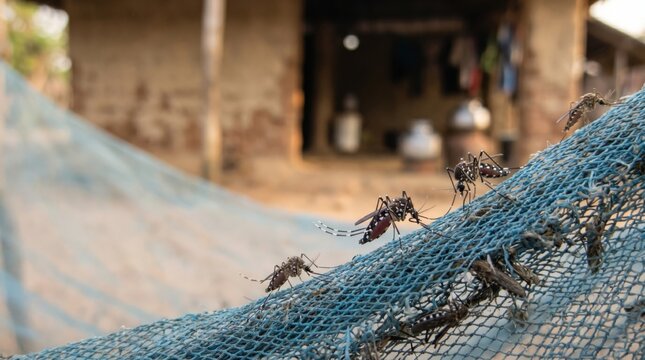 Close up of mosquitoes resting on blue protective netting in a rural village with mud house backdrop, disease vector insects in natural light, epidemic prevention and health concept scene.