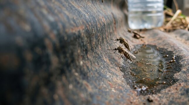 Close up of mosquitoes resting on dirty rusty corrugated metal surface near stagnant water puddle and discarded plastic bottle, natural daylight highlighting unhygienic pest breeding risk.