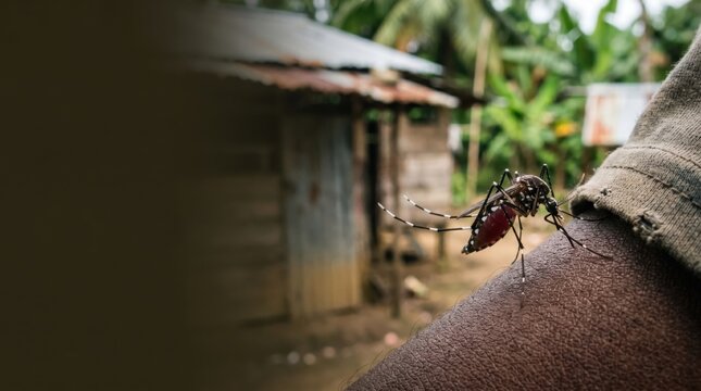 Macro detail of striped Aedes aegypti mosquito biting human skin in tropical rural village with blurred shack background, highlighting dengue fever risk and global health disease concerns.