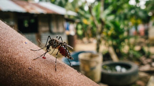 Macro Aedes aegypti mosquito biting human skin to feed on blood in a tropical rural village setting with stagnant water containers, highlighting disease transmission risk and global health.
