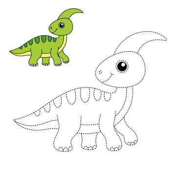 Cute Parasaurolophus Dinosaur Trace and Color Worksheet for Kids Preschool Activity