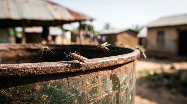 Close-up of mosquitoes swarming a rusty water barrel in a rural African village during daylight, highlighting health risks like malaria, dengue fever, and poor sanitation health conditions.