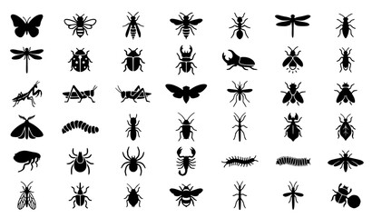 Minimal Insects Icon Set with Butterfly Bee Beetle Dragonfly and Garden Bug Symbols Black Vector on White Background © Md