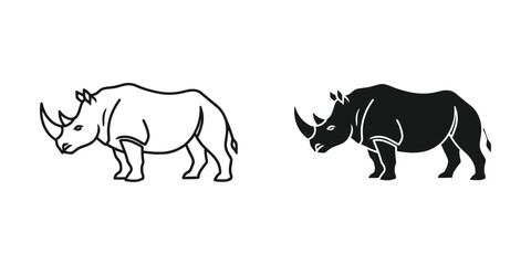 Set of rhinoceros icons in outline and solid black style for wildlife design © OrchiDesign