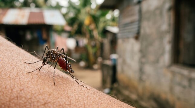 Close up of striped Aedes aegypti mosquito biting human arm, engorged with blood against a soft bokeh tropical rural background, representing tropical disease transmission risks outdoors.