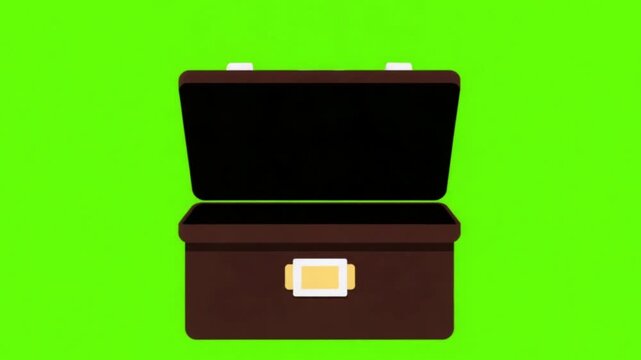 3D vector animation of a business briefcase opening with gold coins falling inside on a green screen background, finance and success concept
