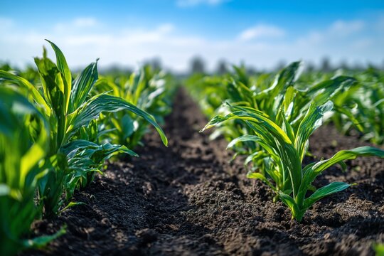 Close-up of Young Corn Plants Growing in a Field Under a Blue Sky.