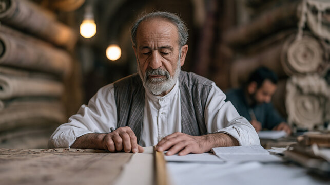 Iranian textile trader measuring a handwoven kilim rug against a folding ruler in a lamp lit warehouse stacked with rolled carpets as an assistant records inventory in a ledger