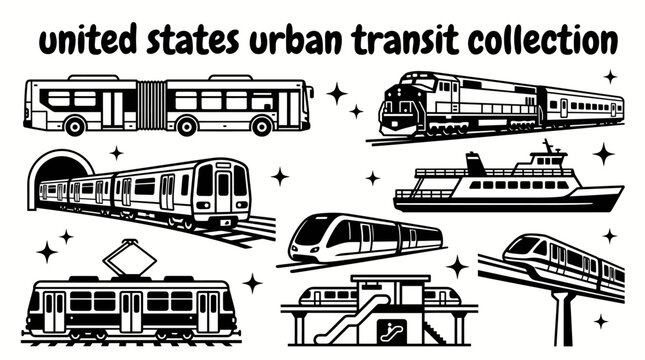 united states public transit vehicles featuring metro trains articulated buses commuter rail ferries trams monorails airport trains and transportation infrastructure vector illustration set