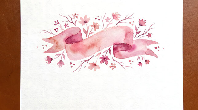 Watercolor pink floral banner illustration with delicate flowers and branches on textured white paper background with ribbon banner intertwined hand painted watercolor
