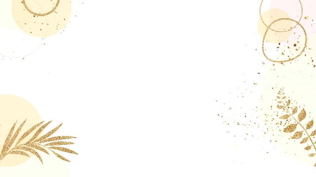 Elegant Minimal White Background with Golden Glitter Botanical Leaves and Abstract Circle Frame Loop