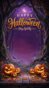 Spooky halloween night with glowing pumpkins in a dark forest