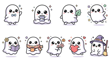 Fototapeta premium Cute cartoon ghosts collection in various poses set isolated on white background.