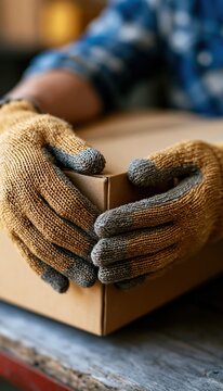 Gloved hands gripping cardboard box with proper lifting posture