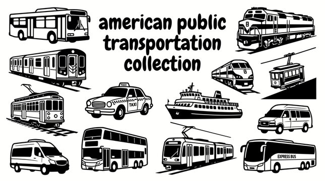 american public transportation featuring city buses subway trains streetcars commuter rail taxis ferries cable cars airport shuttles and passenger transit vehicles for united states mobility