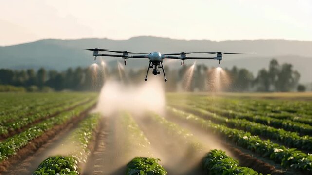 Agricultural drone spraying pesticide over green crop field