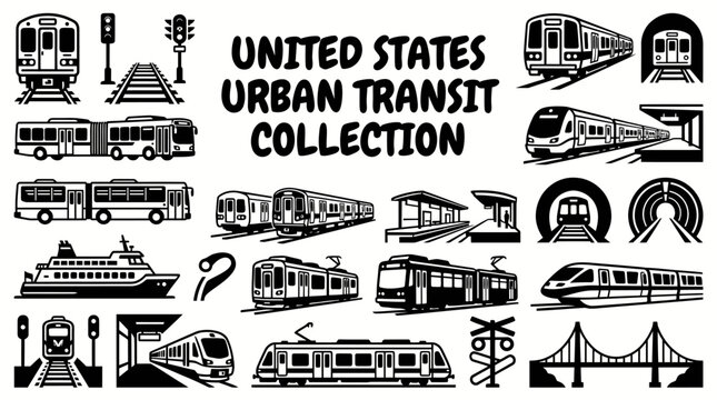united states public transit vehicles featuring metro trains articulated buses commuter rail ferries trams monorails airport trains and transportation infrastructure vector illustration set