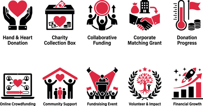 Philanthropy flat symbols for humanitarian aid social care community welfare money collection campaign donation thermometer and global giving projects