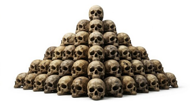 Halloween pyramid of skulls on white background