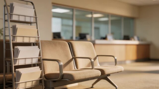 Quiet afternoon in a retail bank lobby spotlight on empty waiting chairs and a brochure rack teller counters softly blurred in the background.