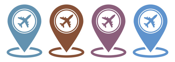 Airplane icons inside map location pins for travel and navigation concepts representing flight routes and destination points on a transparent background © Progotibd303