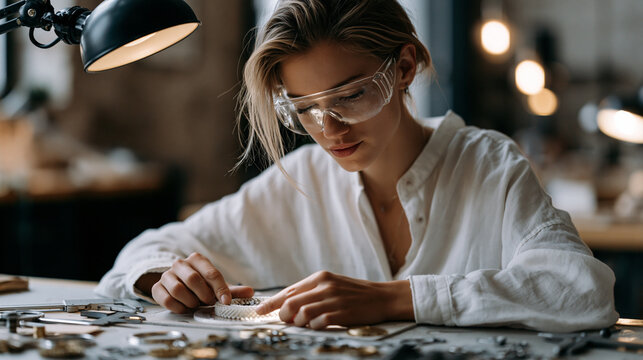 Mechanical engineering prototyping lab, a Polish engineer in safety goggles examining a 3D-printed gear assembly under a magnifying arm lamp, calipers in hand, cluttered workbench