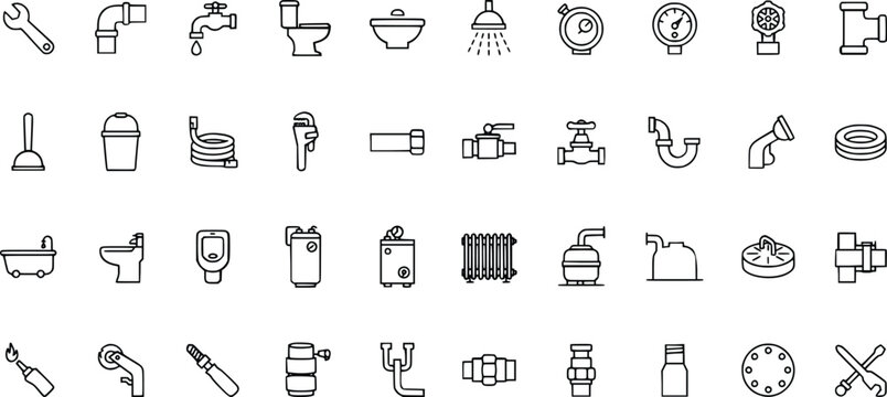 Plumbing tools and fixtures icons in black on white background