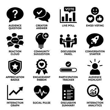 Social media interaction and community engagement icon set with engagement