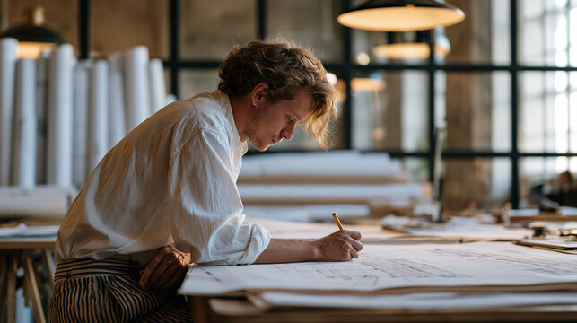 Czech architecture firm interior with a drafter bent over a wide drawing table covered in hand-rendered elevation sketches, blueprint rolls stacked against a glass partition,